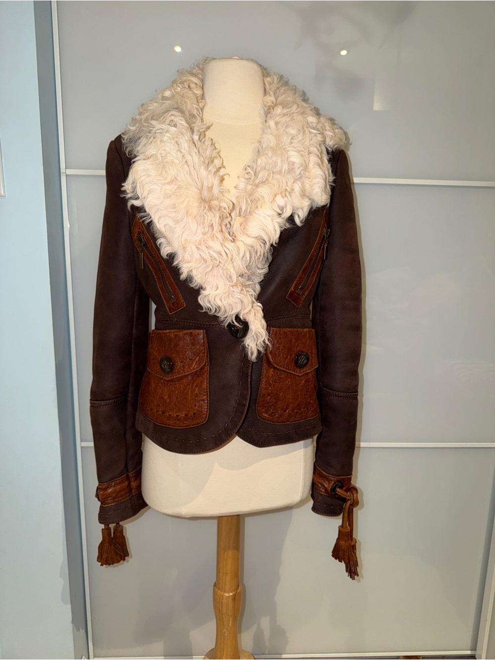 Just Cavalli vintage Brown Leather Jacket with Cream Shearling Collar